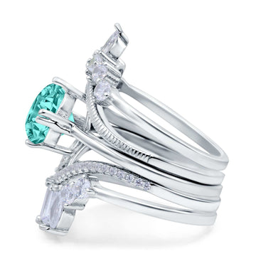 Trio Set Wedding Ring Three Piece Bridal Round Simulated Paraiba Tourmaline CZ 925 Sterling Silver